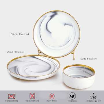 Pokini Marble Gold Rim Dinnerware Sets, Porcelain Plates and Bowls Sets, Modern Luxury Dish Set for ...
