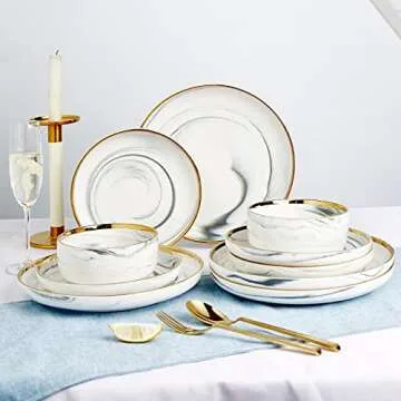 Pokini Marble Gold Rim Dinnerware Sets, Porcelain Plates and Bowls Sets, Modern Luxury Dish Set for 4, White Grey China Dinner Set for Special Occasions, No Microwave Safe & Hand Wash Quickly