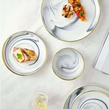 Pokini Marble Gold Rim Dinnerware Sets, Porcelain Plates and Bowls Sets, Modern Luxury Dish Set for 4, White Grey China Dinner Set for Special Occasions, No Microwave Safe & Hand Wash Quickly