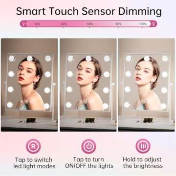 COSMIRROR Hollywood Makeup Mirror with Lights, Lighted Vanity Mirror with 9 Dimmable Bulbs and 3 Color Lighting Modes, Smart Touch Control, Plug in Light Up Mirror (White)