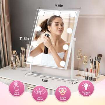 COSMIRROR Hollywood Makeup Mirror with Lights, Lighted Vanity Mirror with 9 Dimmable Bulbs and 3 Color Lighting Modes, Smart Touch Control, Plug in Light Up Mirror (White)