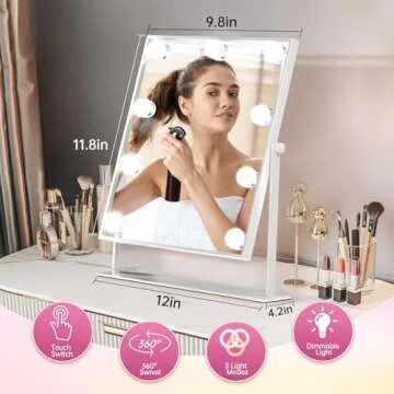 COSMIRROR Hollywood Makeup Mirror with Lights, Lighted Vanity Mirror with 9 Dimmable Bulbs and 3 Color Lighting Modes, Smart Touch Control, Plug in Light Up Mirror (White)