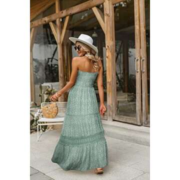 Amegoya Womens Summer Bohemian Strapless Off Shoulder Lace Trim Backless Flowy A Line Beach Long Maxi Dress(Green 2, m)