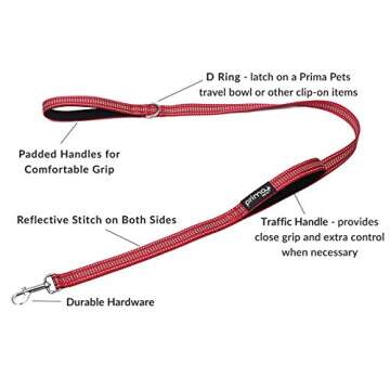 Reflective 4 Feet Nylon Dog Leash with Padded Double Handles, 2 Heavy Duty Neoprene Handles for Cont...