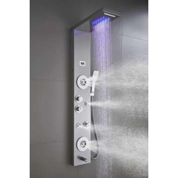 ELLO&ALLO Stainless Steel Shower Panel Tower System,LED Rainfall Waterfall Shower Head 6-Function Fa...
