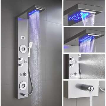 ELLO&ALLO Stainless Steel Shower Panel Tower System,LED Rainfall Waterfall Shower Head 6-Function Faucet Rain Massage System with Body Jets, Brushed Nickel