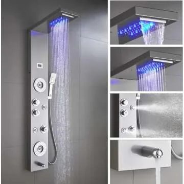 ELLO&ALLO Stainless Steel Shower Panel Tower System,LED Rainfall Waterfall Shower Head 6-Function Faucet Rain Massage System with Body Jets, Brushed Nickel
