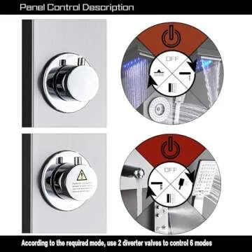 ELLO&ALLO Stainless Steel Shower Panel Tower System,LED Rainfall Waterfall Shower Head 6-Function Faucet Rain Massage System with Body Jets, Brushed Nickel