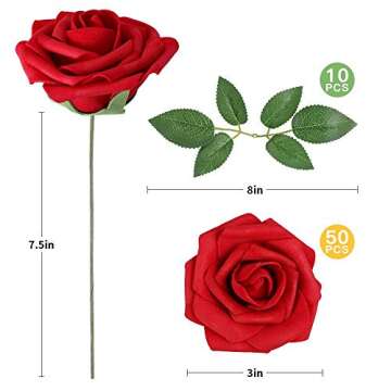 AmyHomie Artificial Flowers Dark Red Rose 50pcs Real Looking Fake Roses w/Stem for DIY Wedding Bouqu...
