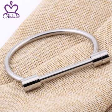 ANBALA Stylish Titanium Steel D Shape Bar Screw and Shackle Cuff Bangle Bracelet for Unisex, Silver,...