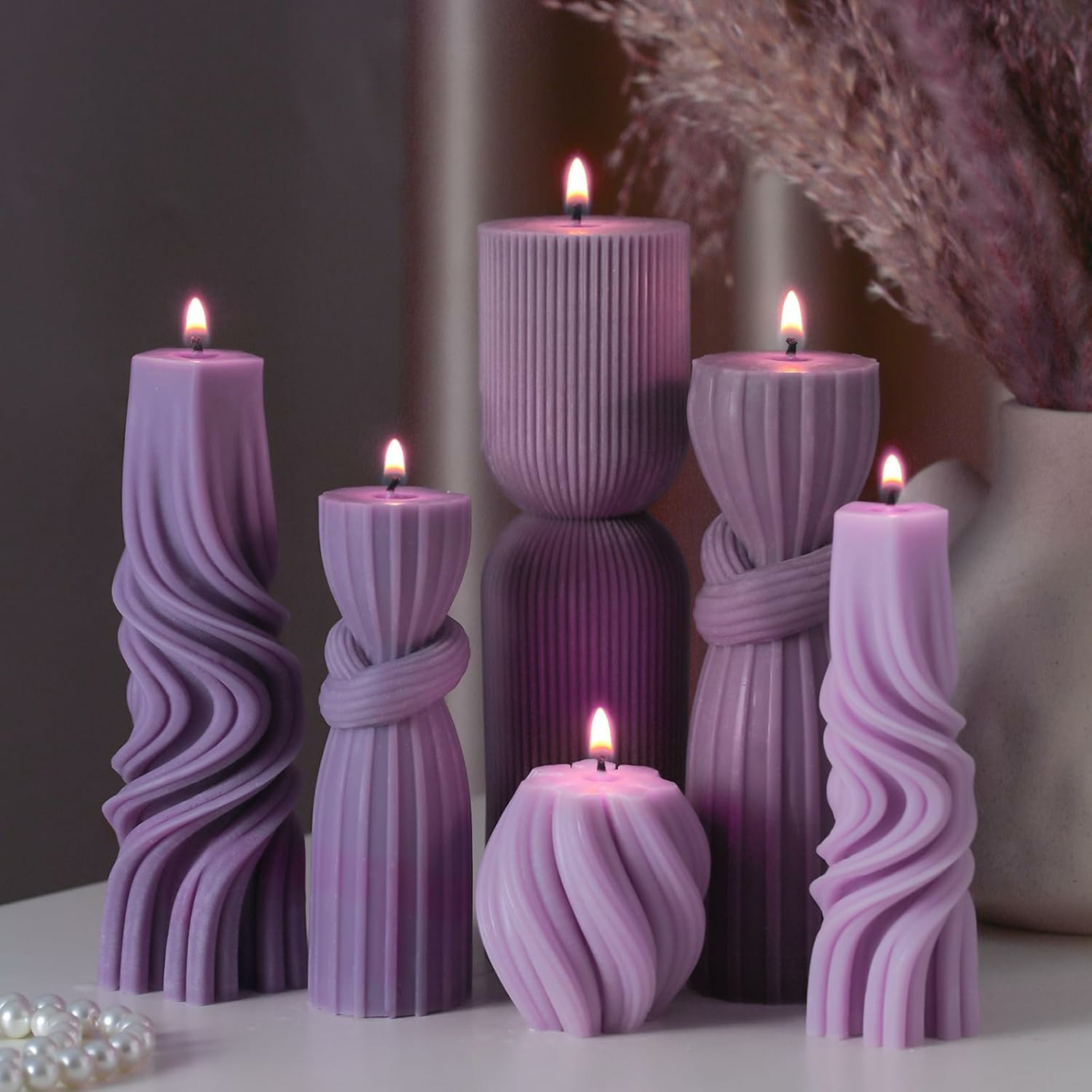 Ribbed Soy Wax Candles Set - 6 Cute Pillars