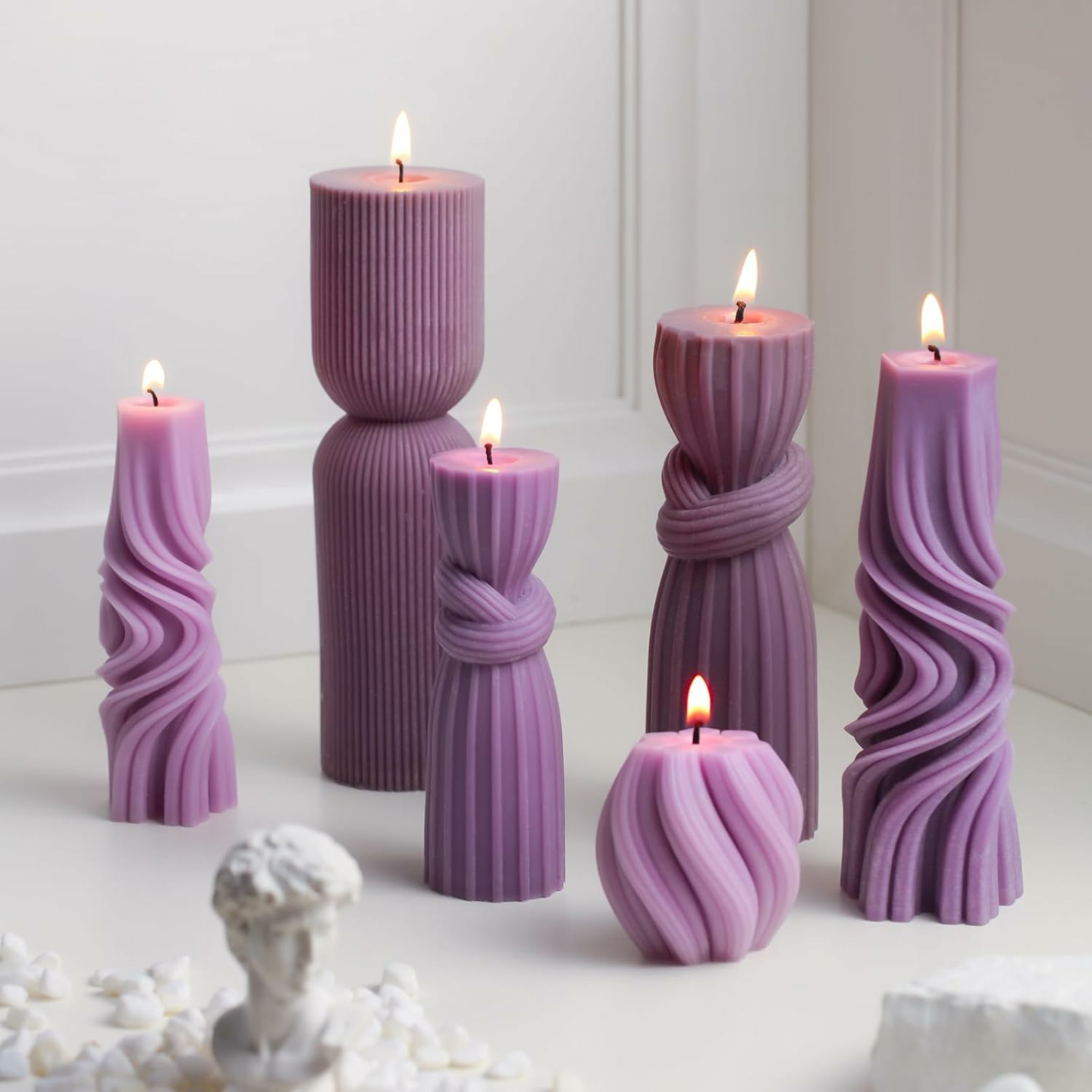 Ribbed Soy Wax Candles Set - 6 Cute Pillars