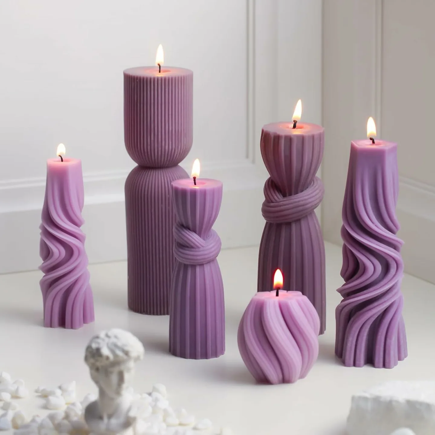 Ribbed Soy Wax Candles Set - 6 Cute Pillars