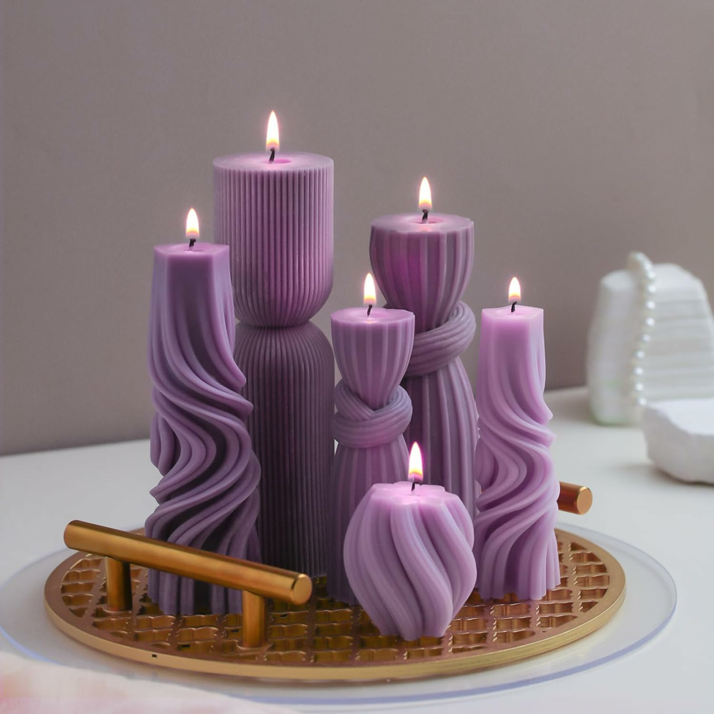 Ribbed Soy Wax Candles Set - 6 Cute Pillars