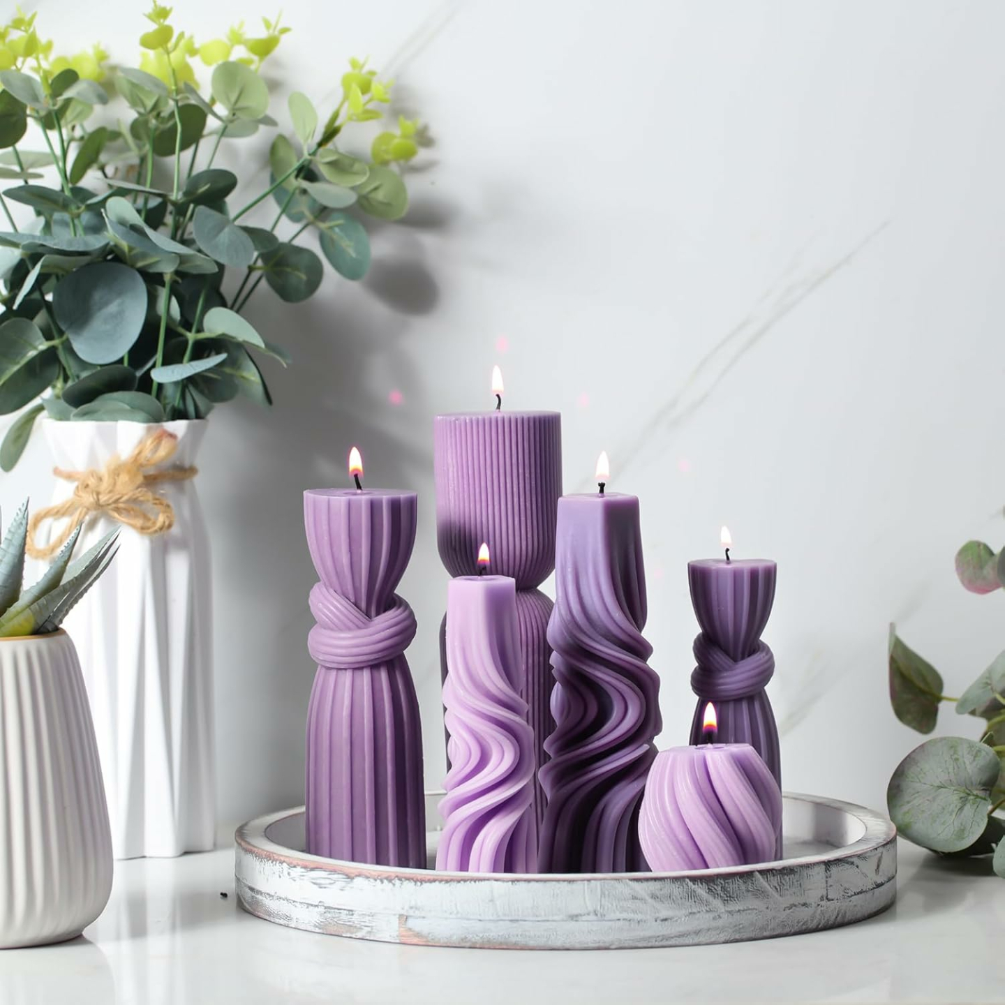 Ribbed Soy Wax Candles Set - 6 Cute Pillars
