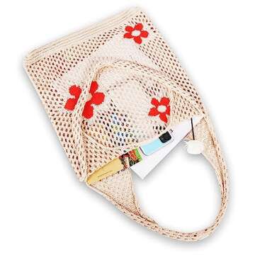 Arcimatto Crochet Tote Bag, Women Summer Aesthetic Mesh Beach Bags, Girls Hobo Bags Y2k Purse Fairy Grunge Accessories (Beige Flower)
