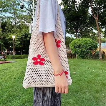 Arcimatto Crochet Tote Bag, Women Summer Aesthetic Mesh Beach Bags, Girls Hobo Bags Y2k Purse Fairy Grunge Accessories (Beige Flower)