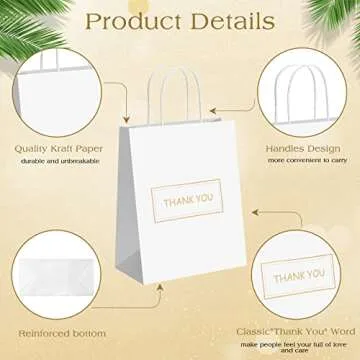 100 Pcs Thank You Paper Bags Bulk 8 x 4 x 10 Inch Thank You Gift Bags with Handle Shopping Merchandise Bag Merchant Bag for Small Business, Retail Shopping, Wedding, Party, Boutique (White)