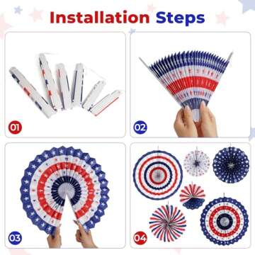 HOOSUN 4th of July Decorations Set, 9 Pcs Red White and Blue Paper Fans Patriotic Decor, USA Pennant Bunting,Star Streamers,Patriotic Tablecloth for Fourth of July Party Supplies, Memorial Day Decor