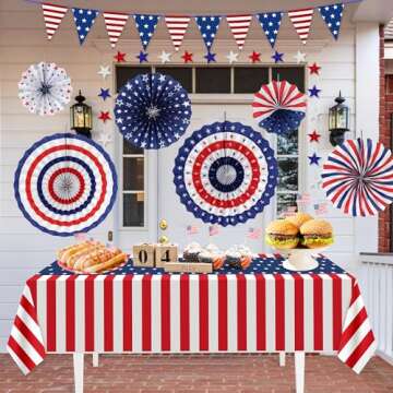 HOOSUN 4th of July Decorations Set, 9 Pcs Red White and Blue Paper Fans Patriotic Decor, USA Pennant Bunting,Star Streamers,Patriotic Tablecloth for Fourth of July Party Supplies, Memorial Day Decor
