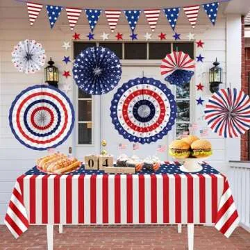 HOOSUN 4th of July Decorations Set, 9 Pcs Red White and Blue Paper Fans Patriotic Decor, USA Pennant Bunting,Star Streamers,Patriotic Tablecloth for Fourth of July Party Supplies, Memorial Day Decor