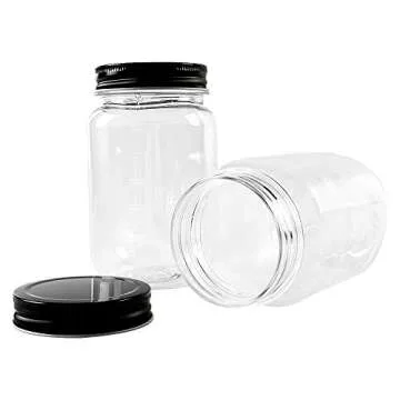 novelinks 16 Ounce Clear Plastic Jars with Black Lids - Refillable Round Clear Containers Clear Jars Storage Containers for Kitchen & Household Storage - BPA Free (20 Pack)