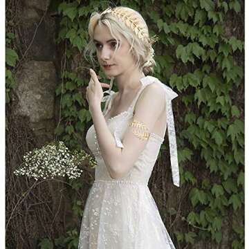 Finrezio 4PCS Greek Goddess Headband Arm Cuff Bridal Jewelry Set Roman Laurel Leaf Branch Crown Armlet Upper Arm Band Bracelet Adjustable