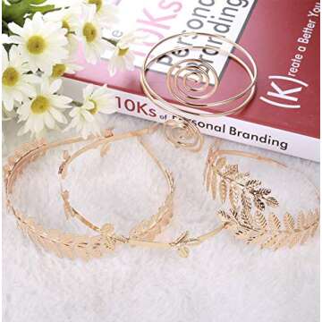 Finrezio 4PCS Greek Goddess Headband Arm Cuff Bridal Jewelry Set Roman Laurel Leaf Branch Crown Armlet Upper Arm Band Bracelet Adjustable