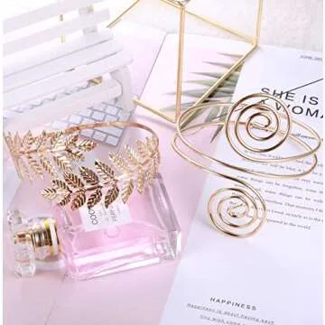 Finrezio 4PCS Greek Goddess Headband Arm Cuff Bridal Jewelry Set Roman Laurel Leaf Branch Crown Armlet Upper Arm Band Bracelet Adjustable