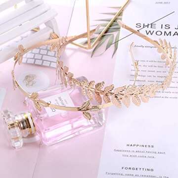 Finrezio 4PCS Greek Goddess Headband Arm Cuff Bridal Jewelry Set Roman Laurel Leaf Branch Crown Armlet Upper Arm Band Bracelet Adjustable