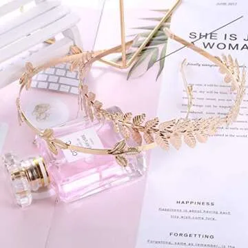 Finrezio 4PCS Greek Goddess Headband Arm Cuff Bridal Jewelry Set Roman Laurel Leaf Branch Crown Armlet Upper Arm Band Bracelet Adjustable