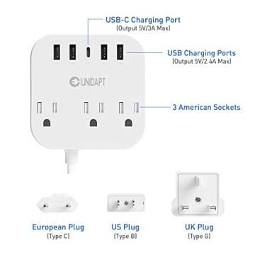 European Plug Adapter, Unidapt US to UK Europe Power Strip for EU/UK/US with USB C and 4 USB Ports, ...