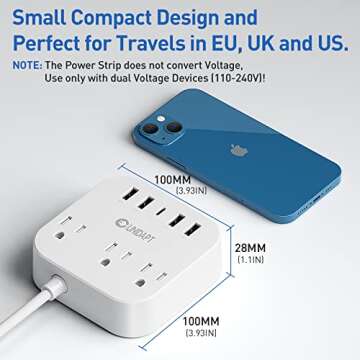 European Plug Adapter, Unidapt US to UK Europe Power Strip for EU/UK/US with USB C and 4 USB Ports, 3 AC Outlets, Wall Mountable, 5ft Extension Cord, for Travel Cruise Ship Home