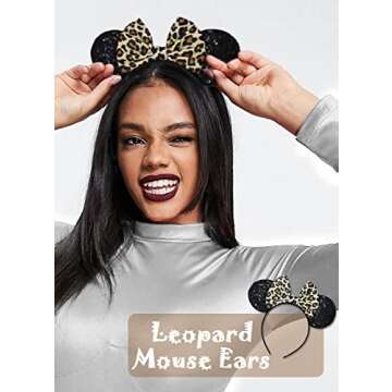 LIHELEI Minnie Ears Mouse Ears Headband with Leopard Bows, Party Decoration Headbands for Halloween Costume, Headwear Hair Accessories for Women Girls-3 PCS A