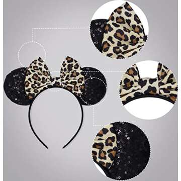LIHELEI Minnie Ears Mouse Ears Headband with Leopard Bows, Party Decoration Headbands for Halloween Costume, Headwear Hair Accessories for Women Girls-3 PCS A