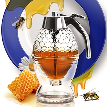 CLEVLI Honey Dispenser – No Drip Glass with Stand – Honey Jar – Clear Glass Honey Container wi...