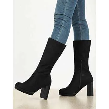 Allegra K Women's Chic Faux Suede Mid Calf Block Heel Boots