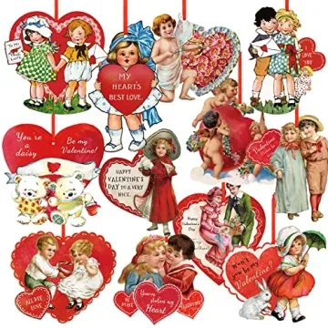 48 Pcs Vintage Valentine Hanging Ornaments Retro Valentines Tree Ornaments Heart Cut Out Decorations...