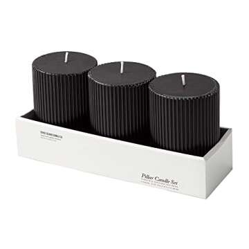 3-Pack Black Ribbed Pillar Candles Unscented, 2.75x4 Inches Black Candles Handmade, Aesthetic Decorative Textured Candle Set for Home Décor
