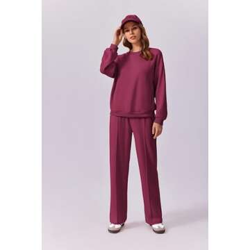 PINSPARK Sweat Suit For Women 2 Piece Set Fall Crewneck Pullover Tops Athletic Straight Leg Loungewe...