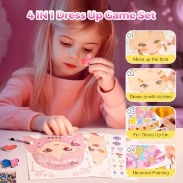 4 in 1 Princess Art Craft Kits, Foil Art & Diamond Painting, Makeup DIY Activity, Dress Up Sticker Books,Travel Toys, Ideal Toys for Girls Ages 6 7 8+ Years Old