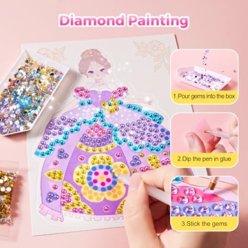 4 in 1 Princess Art Craft Kits, Foil Art & Diamond Painting, Makeup DIY Activity, Dress Up Sticker Books,Travel Toys, Ideal Toys for Girls Ages 6 7 8+ Years Old