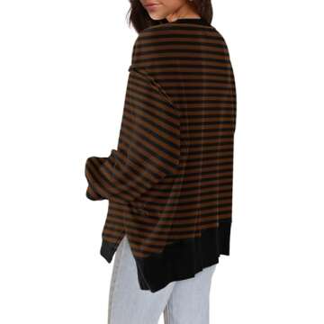 Nirovien Womens Striped Crewneck Sweatshirt Oversized Slouchy Sweatshirt Long Sleeve Tops(Striped Brown Black,S)