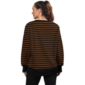 Nirovien Womens Striped Crewneck Sweatshirt Oversized Slouchy Sweatshirt Long Sleeve Tops(Striped Brown Black,S)