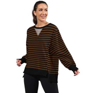 Nirovien Womens Striped Crewneck Sweatshirt Oversized Slouchy Sweatshirt Long Sleeve Tops(Striped Brown Black,S)