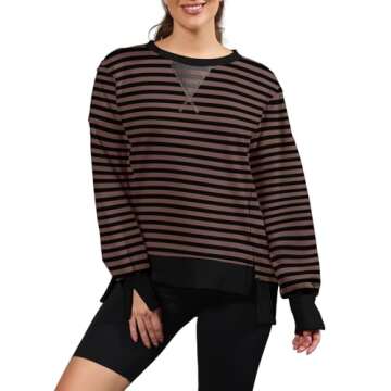 Nirovien Womens Striped Crewneck Sweatshirt Oversized Slouchy Sweatshirt Long Sleeve Tops(Striped Brown Black,S)