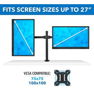 Mount-It! Dual Monitor Mount | Double Monitor Desk Stand | Two Heavy Duty Full Motion Adjustable Arms Fit 2 Computer Screens 17 19 20 21 22 24 27 Inch | VESA 75 100 | C-Clamp and Grommet Base
