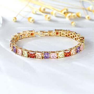 Esbbela Tennis Bracelet for Women Colorful Square Cut 4mm Cubic Zirconia Artificial Diamond Rainbow Tenni Bracelet 14K Gold Size 7.5 inch