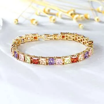 Esbbela Tennis Bracelet for Women Colorful Square Cut 4mm Cubic Zirconia Artificial Diamond Rainbow Tenni Bracelet 14K Gold Size 7.5 inch