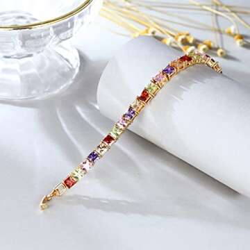 Esbbela Tennis Bracelet for Women Colorful Square Cut 4mm Cubic Zirconia Artificial Diamond Rainbow Tenni Bracelet 14K Gold Size 7.5 inch